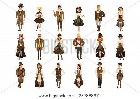 People Dressed In Historic Clothes, Man And Woman Wearing Brown Fantasy Costume Set Vector Illustrat