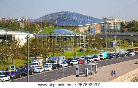 Moscow - September 4, 2018: Zaryadye Park with the modern amphitheater in Moscow, Russia. Zaryadye is one of the main tourist attractions of Moscow