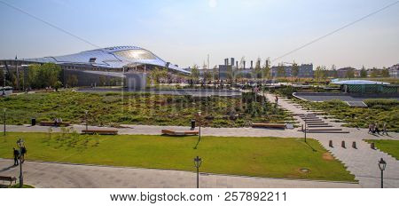 Moscow - September 4, 2018: Zaryadye Park with the modern amphitheater in Moscow, Russia. Zaryadye is one of the main tourist attractions of Moscow