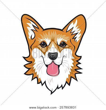 Cool Dog Welsh Corgi Face. Emblem Sticker Label Of Symbol Of The Year. Color Vector Illustration