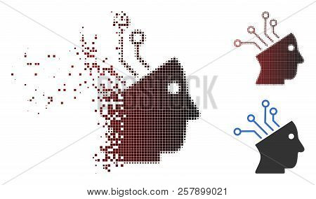 Cyborg Brain Circuit Icon In Sparkle, Pixelated Halftone And Undamaged Whole Versions. Pixels Are Ar