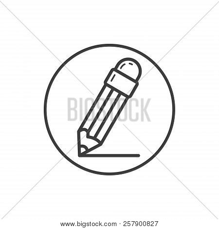 Black And White Simple Vector Line Art Icon Of Pencil In The Round Frame