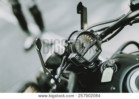 Black Speed Motorcycle Concept. Front Camera View. Ready To Ride. Power Engine. Leather Seat. Motorb