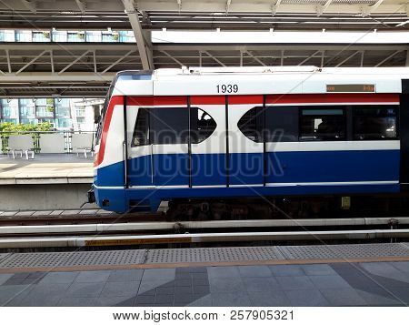 Bts Sky Train Stop At Station In Bangkok Thailand.