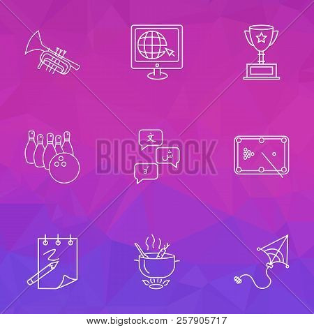 Lifestyle Icons Line Style Set With Kites, Languages, Trumpet And Other Bugle Elements. Isolated Vec