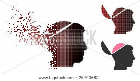 Open Brain Icon In Sparkle, Dotted Halftone And Undamaged Whole Versions. Pixels Are Combined Into V