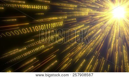 Computer Binary Code Chains Moving To Cpu. Conceptual 3d Illustration
