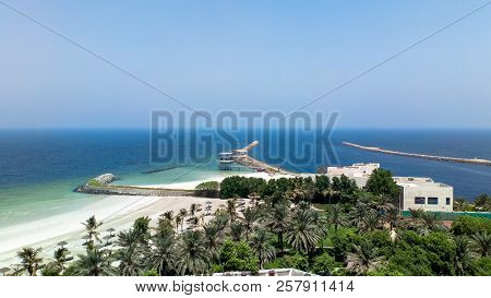 Vacation Holidays Beach Background. Ajman. Uae. Landscape With A Beach On The Arabian Gulf