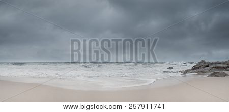 Panorama View Of Nice Sandy Beach During Stormy Day