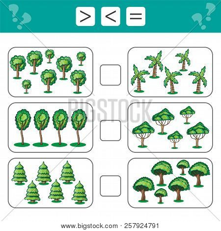 Learning Mathematics, Numbers - Choose More, Less Or Equal. Tasks For Addition For Preschool Childre