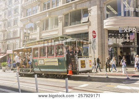 San Francisco, Ca, Usa, October 21st 2016: Tourists Enjoying Powell Hyde Cable Car System Transporta