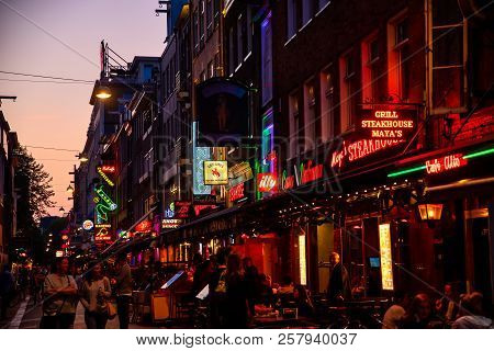 Colorful Night Lights With Music Entertainment And Bars In Walking Street Korte Leidsedwarsstraat At