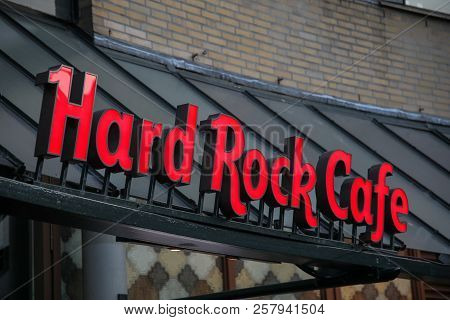 Facade Of The Hard Rock Cafe Amsterdam With Famous Logo