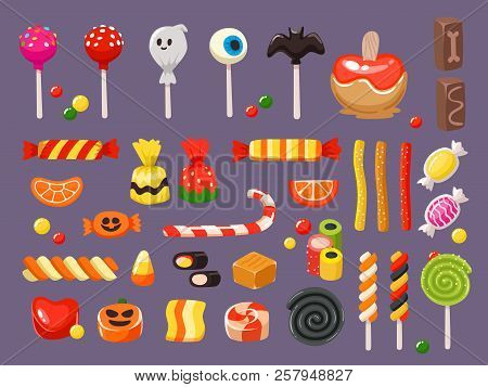 Halloween Candy. Sweet Candies, Scary Bat Lollipop And Sweets Liquorice Butterscotch Vector Illustra