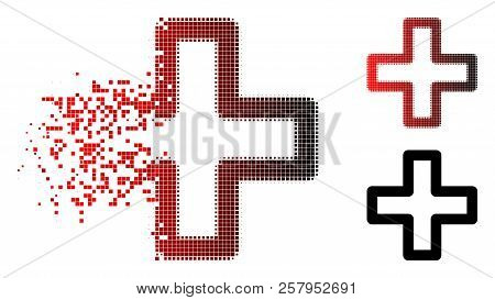 Plus Icon In Dispersed, Pixelated Halftone And Undamaged Solid Variants. Fragments Are Organized Int