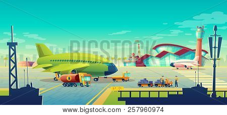 Vector Cartoon Airport Landscape, Green Airliner, Jet On Runway. Maintenance And Refueling, Loading 