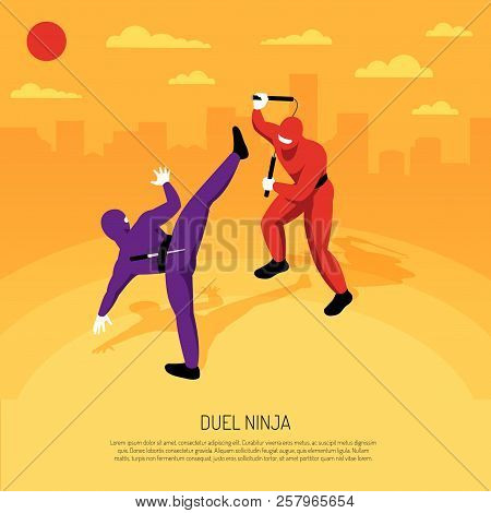 Unbeatable Ninja Warrior Duel With  Stickman Character Action Game Advertising Poster Isometric Comp