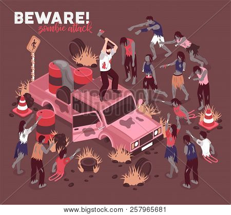 Isometric Zombie Apocalypse Background Composition With Horror Scenery Of Post-apocalyptic City And 