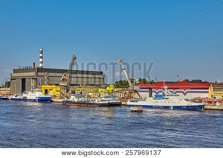 St. Petersburg, Russia - July 19, 2018: Shipyards Of An Industrial Enterprise Shipbuilding Company A
