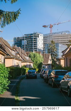Strasbourg, France - Sep 12, 2018: Construction Of High Rise Skyscrapers Buildings With Construction