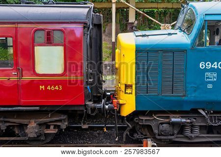 Llangollen Wales United Kingdom - September 2nd 2018: Diesel Engine Coupled Up To Old Style Carrages