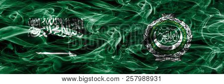 Saudi Arabia Vs Arab League Smoke Flags Placed Side By Side. Thick Colored Silky Smoke Flags Of Saud