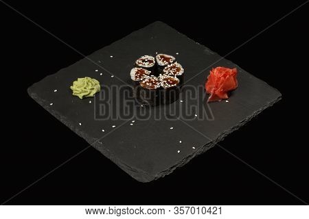 Various Sushi, Rolls On A Black Background With Reflection. Especially For Cafes And Restaurants On 