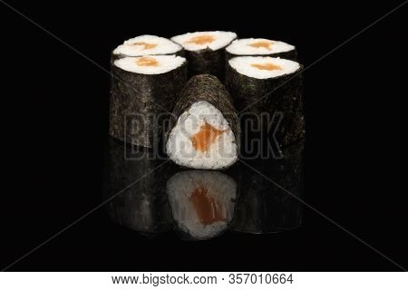 Various Sushi, Rolls On A Black Background With Reflection. Especially For Cafes And Restaurants On 