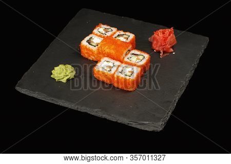 Various Sushi, Rolls On A Black Background With Reflection. Especially For Cafes And Restaurants On 