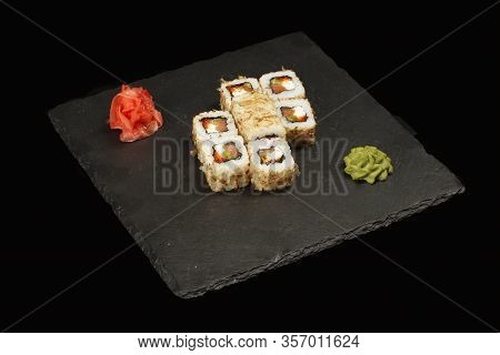Various Sushi, Rolls On A Black Background With Reflection. Especially For Cafes And Restaurants On 