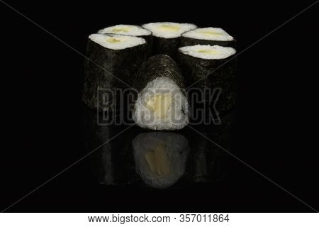 Various Sushi, Rolls On A Black Background With Reflection. Especially For Cafes And Restaurants On 