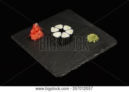 Various Sushi, Rolls On A Black Background With Reflection. Especially For Cafes And Restaurants On 