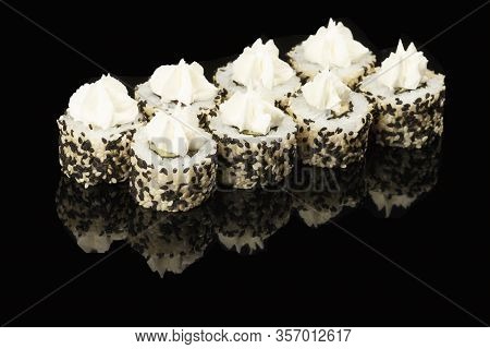 Various Sushi, Rolls On A Black Background With Reflection. Especially For Cafes And Restaurants On 