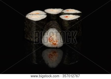 Various Sushi, Rolls On A Black Background With Reflection. Especially For Cafes And Restaurants On 