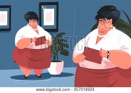 Fat Secretary In Office Vector Illustration. Ugly