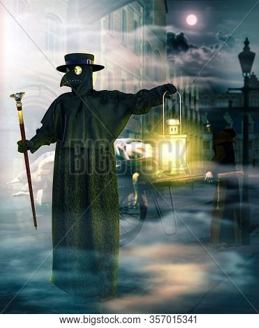 Plague Doctor With Protective Mask Picking Up Dead Pandemic Vitims At Night, 3d Render.