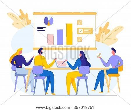 Team Meeting And Discussion Company Performance. Men And Women Sit At Table Study Infographics, Diag