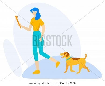 Advertising Banner Walk With Dog Cartoon Flat. Vector Illustration. Woman Went For Walk With Her Dog