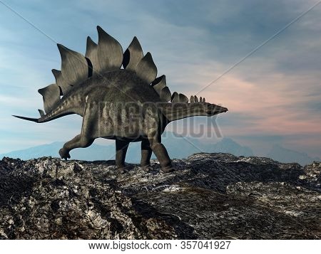 Stegosaurus Walking On The Hill By Sunset - 3d Render