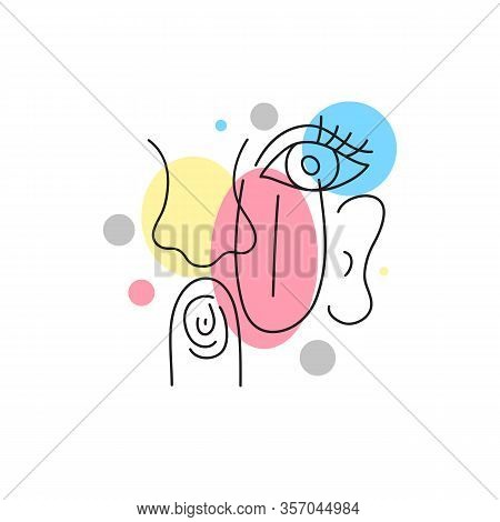 Abstract Color Poster With Sensory Organs, Sight, Touch, Sense Of Smell, Taste, Hearing. Line Modern