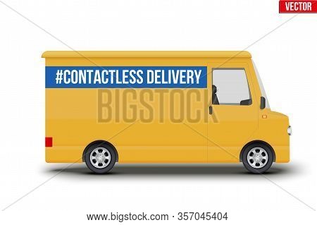 Contactless Delivery Curier Transport. Yellow Van With Contactless Delivery Tag. Vector Illustration