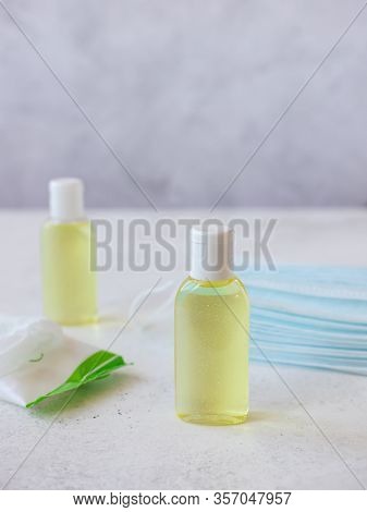Disinfecting Gel, Protective Medical Masks And Antibacterial Wipes. Safe Medical Means Of Protection
