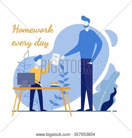 Parenting And Parent Help For Children In Homework Motivation Poster. Cartoon Father Checking Child 