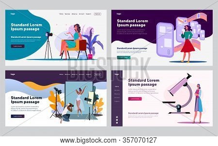 Female Professionals In Different Occupation Set. Vlogger, Photo Model, Doctor In Lab. Flat Vector I