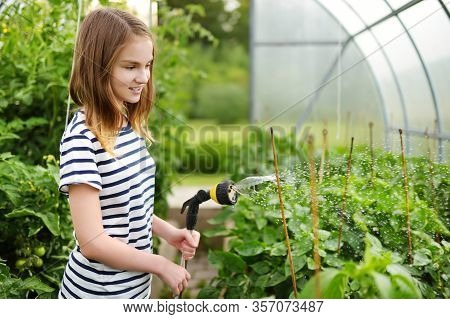 Adorable Young Girl Watering Variuos Vegetables In A Greenhouse On Sunny Summer Day. Gardening Activ