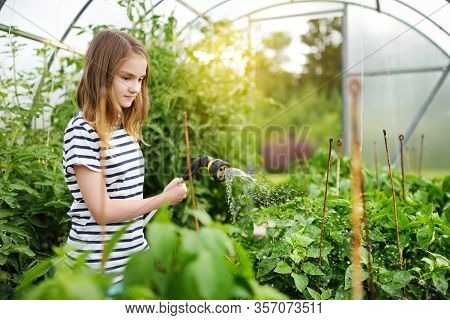 Adorable Young Girl Watering Variuos Vegetables In A Greenhouse On Sunny Summer Day. Gardening Activ