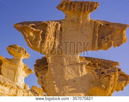 Tourist Attraction In Region Of Murcia, Spain. Enchanted City Of Bolnuevo, Natural Yellow Sandstone 