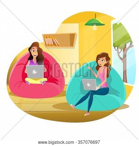 Informational Poster, Girls Talking In Free Time. Girlfriends Dressed In Ordinary Home Clothes Commu
