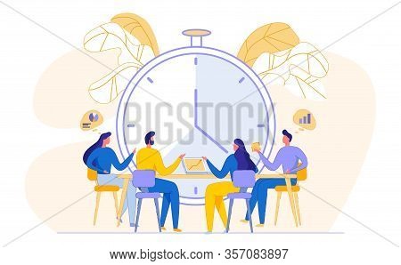 Time Management. Task Discussion, Brainstorming. Flat Animated Characters Sitting At Table Discussin