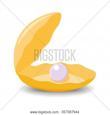 Shell Pearl In Cartoon Style. Opened Shell With Pearls Inside. Color Vector Illustration In Flat Sty